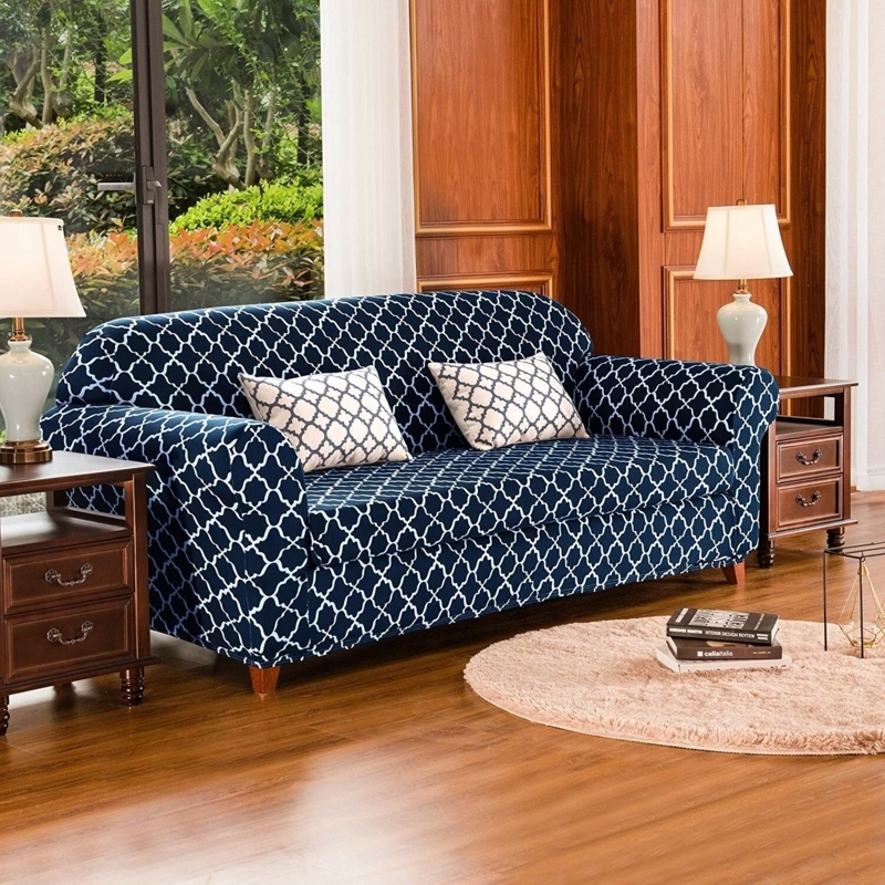 Sofa Slipcover Navy Trellis Geometric Pattern Contoured Fit