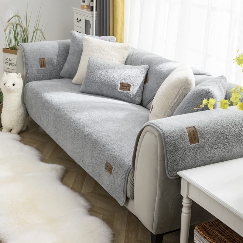 Sofa Slipcover Sherpa Fleece Texture With Brown Leather Tags