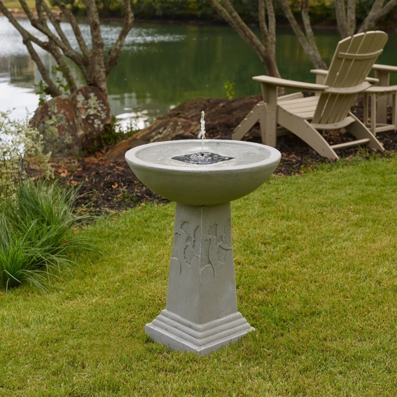 Solar Bird Bath Stone Like with Embossed Ginkgo Leaf Relief