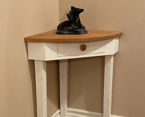 Solid Oak Top Corner Table with Single Drawer and White Base