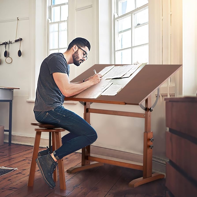 Solid Pine Drafting Table Set with H-Frame Base and Stool