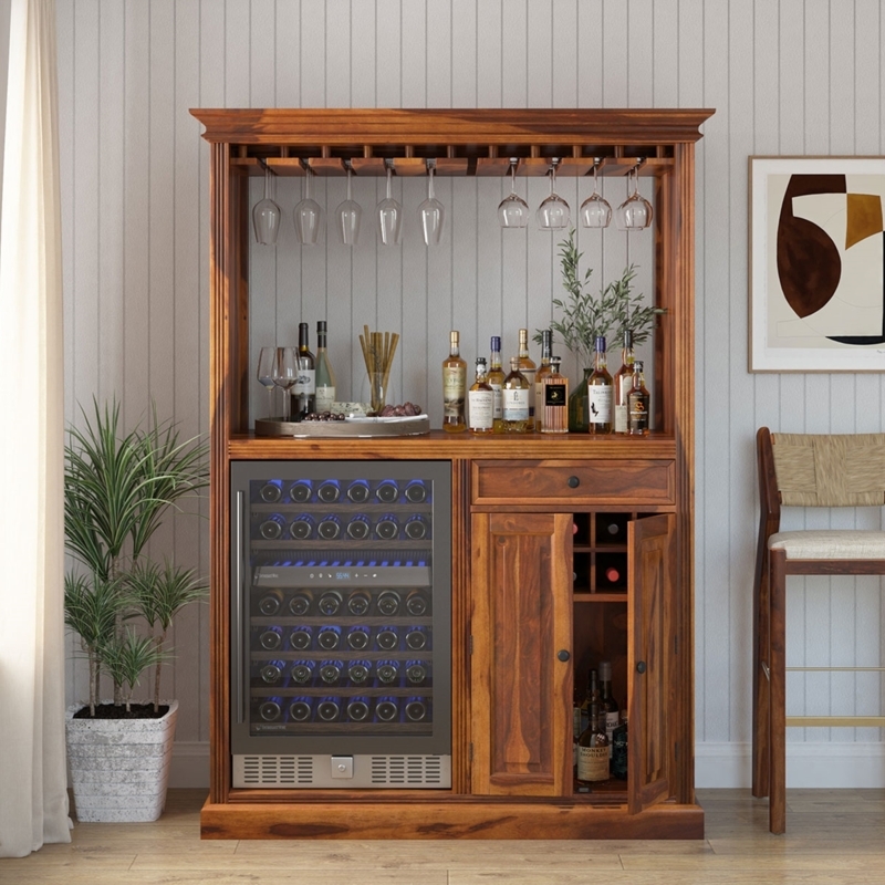 Solid Wood Home Bar Cabinet with Fridge Space