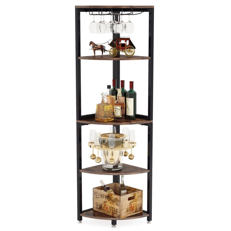 Space-Saving Corner Wine Rack: 5-Tier Open Frame, Wood-Toned