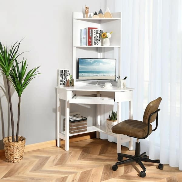 Space-Saving White Corner Desk with Hutch and Triangular Footprint