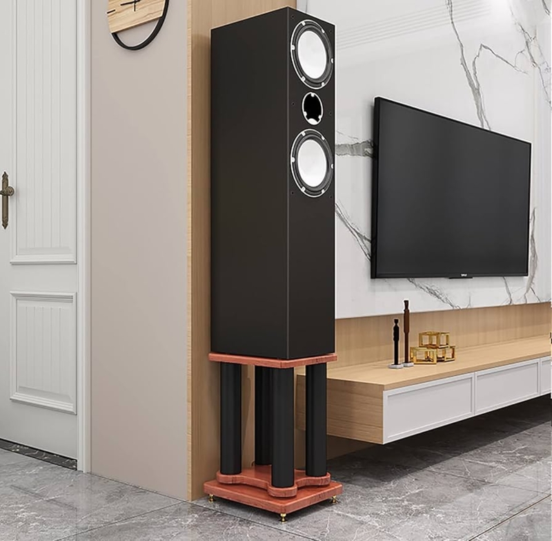 Speaker Stand Four Pillar Gold Spikes Warm Wood Tone Heavy Duty Support
