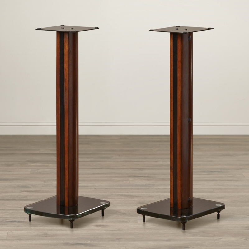 Speaker Stand Smoked Glass Base Walnut Brown Wood Toned Floor Spikes