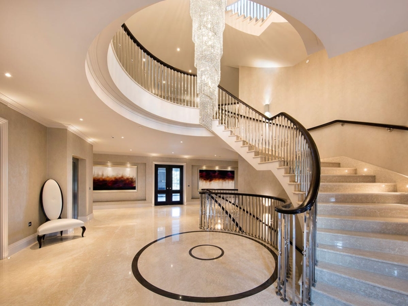 Spiral Crystal Light Fixture Polished Silver Curved Staircase Foyer