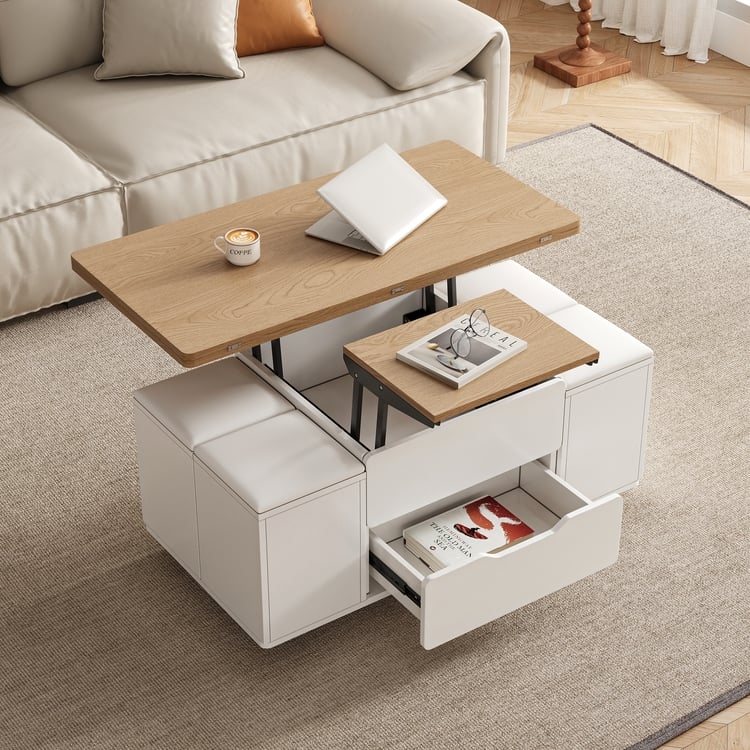 Split Lift-Top Coffee Table with Casters in White and Natural Wood