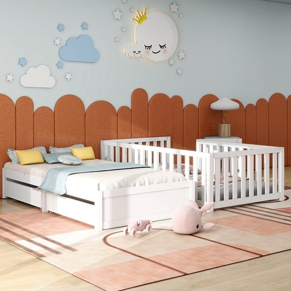 Split Toddler Floor Bed with Fence Guardrails and Storage