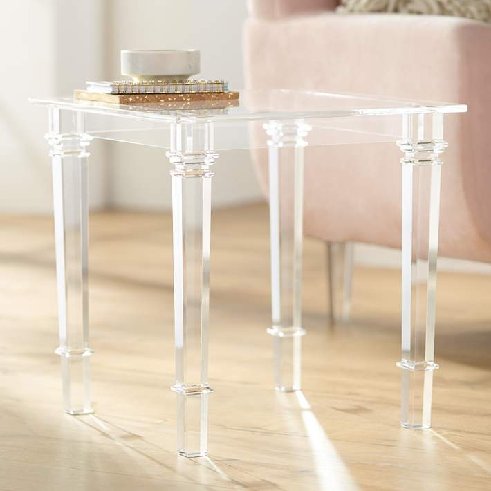 Square Acrylic End Table Fluted Tapered Legs Decorative Collars Glam