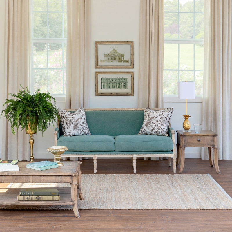 Square Backed Sofa in Teal Upholstery with Fluted Legs