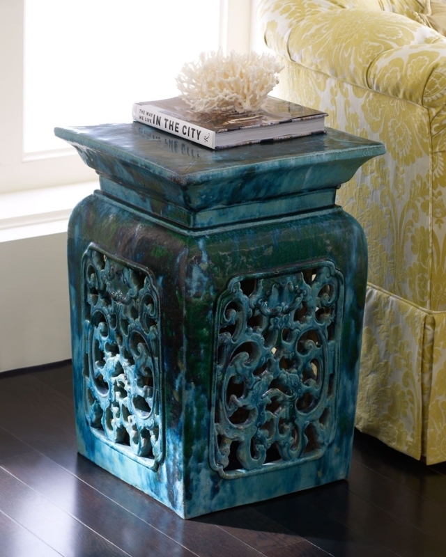 Square Garden Stool with Mottled Teal and Emerald Glaze