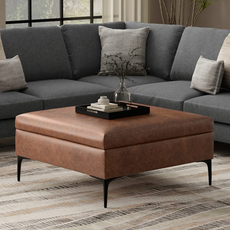 Square Storage Ottoman Cognac Leather Like Lift Up Lid Metal Legs