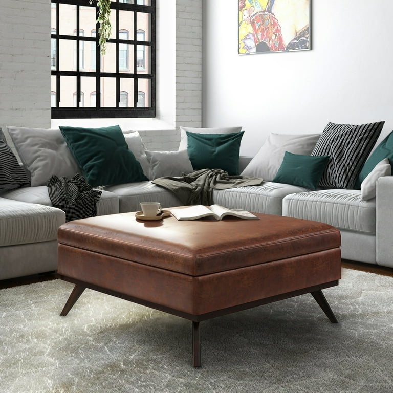 Square Storage Ottoman Distressed Leather Like with Tapered Legs