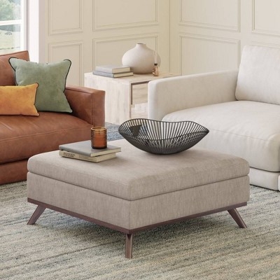 Square Storage Ottoman Natural Beige Fabric with Splayed Tapered Legs