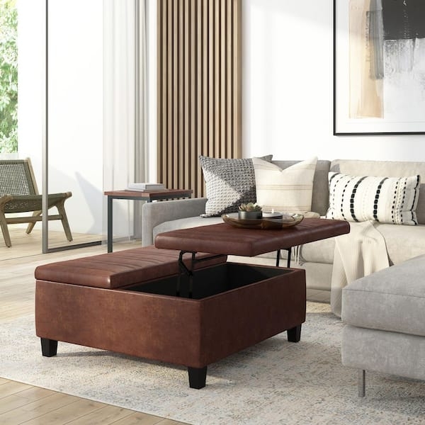 Square Storage Ottoman Split Lift Top in Distressed Vegan Leather
