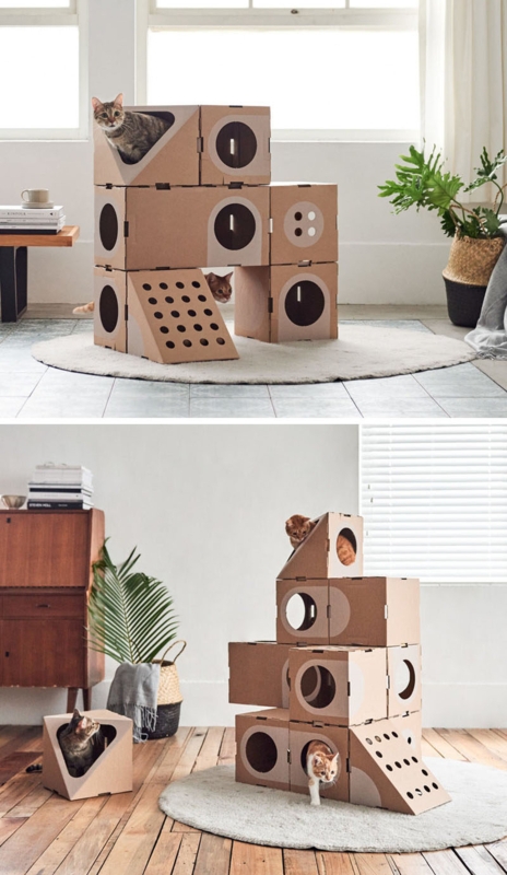 Stackable Cardboard Cat Tower with Triangular Roof and Interlocking Tabs