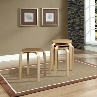 Stacking Stools with Round Seat, Curved Legs, Natural Wood Grain.
