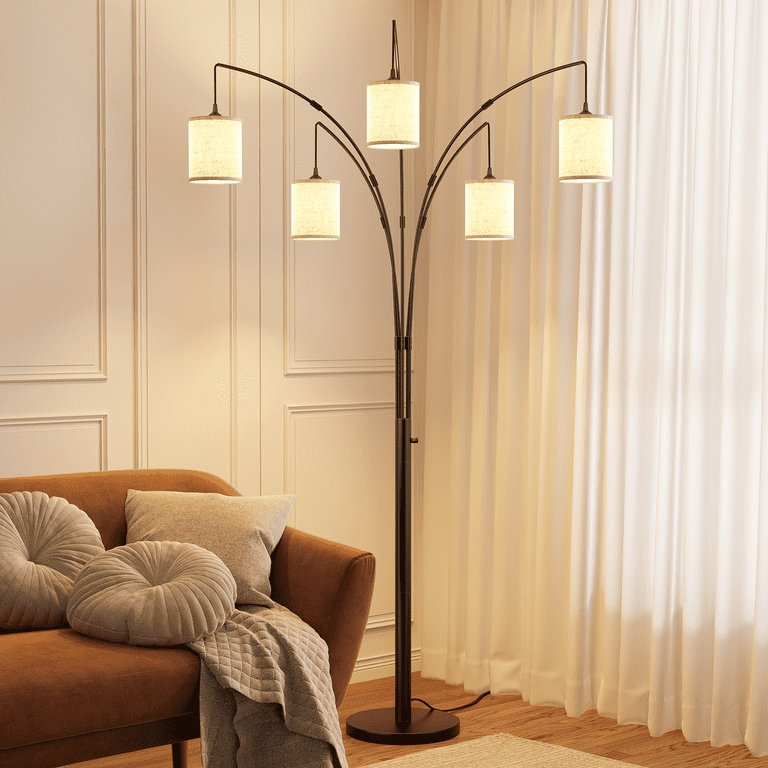 Staggered Black Arc Floor Lamp with Five Linen Drum Shades
