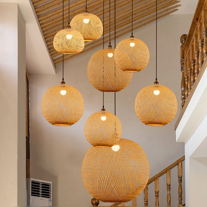 Staggered Cluster Pendant Lights Spherical Woven Bamboo Globes