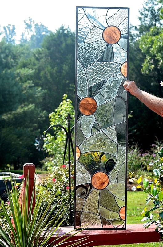 Stained Glass Panel Abstract Curves with Amber Circular Motifs