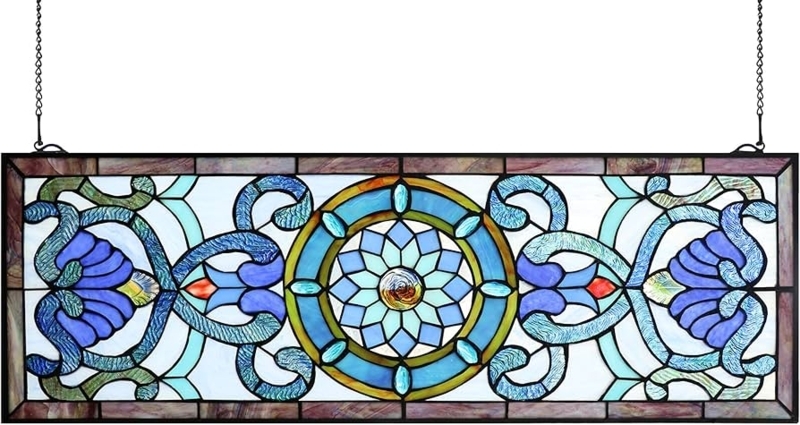 Stained Glass Panel Blue Victorian Pattern Horizontal Transom