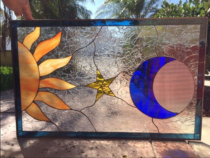 Stained Glass Panel Celestial Sun Moon Star Motif with Glue Chip