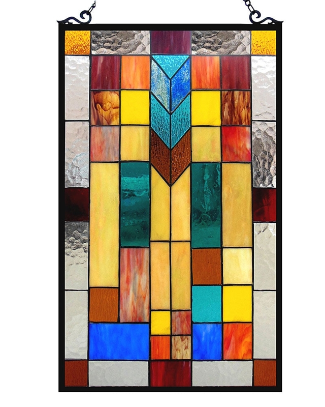 Stained Glass Panel Chevron Motif in Art Deco Style