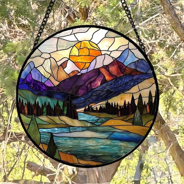 Stained Glass Panel Circular Frame with Abstract Mountain Landscape