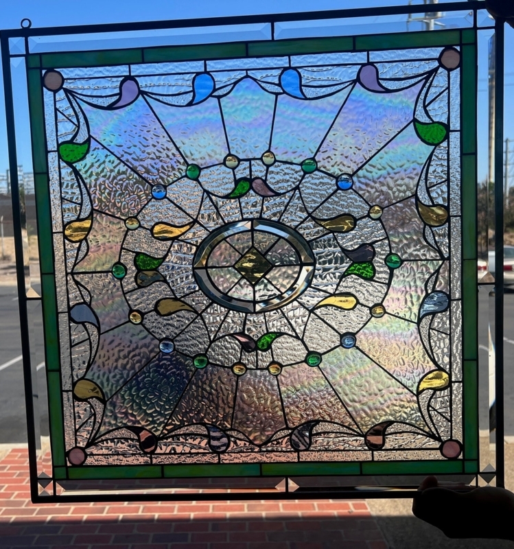 Stained Glass Panel featuring Teardrop Jewels and Beveled Sunburst