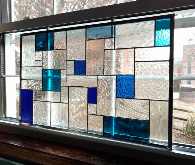 Stained Glass Panel Geometric Grid with Multi-Textured Blue Glass