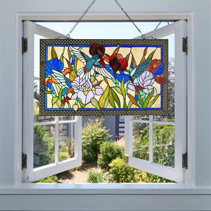 Stained Glass Panel Hummingbird Motif with Ornate Filigree Border