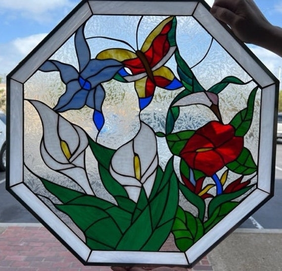 Stained Glass Panel Octagonal Shape with Butterfly and Floral Motif