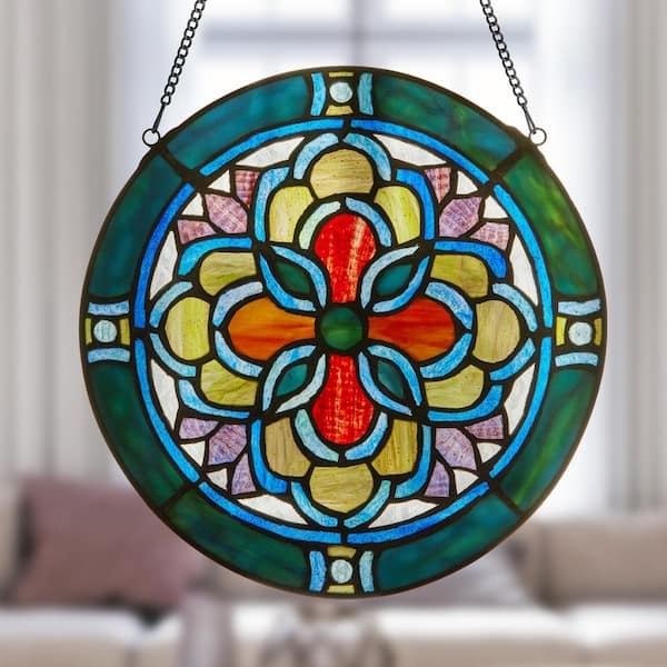 Stained Glass Panel Round Geometric Mandala with Teal Border