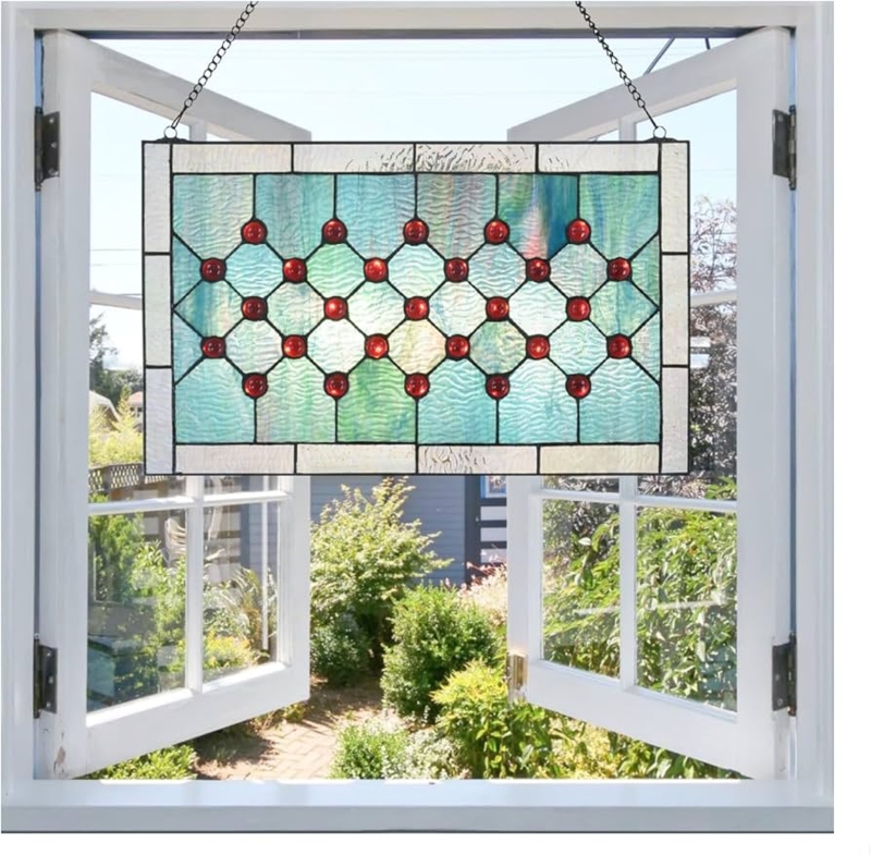 Stained Glass Panel Tiffany Style with Red Cabochon Accents