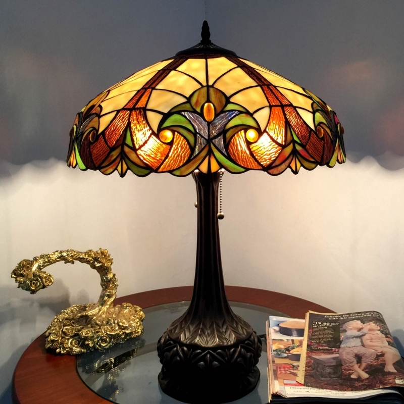 Stained Glass Table Lamp with Dual Pull Chains and Fluted Base
