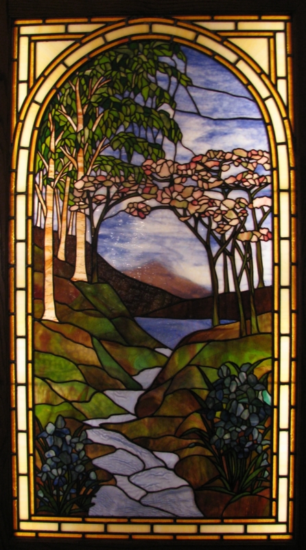 Stained Glass Window Craftsman Landscape with Arched Inner Frame