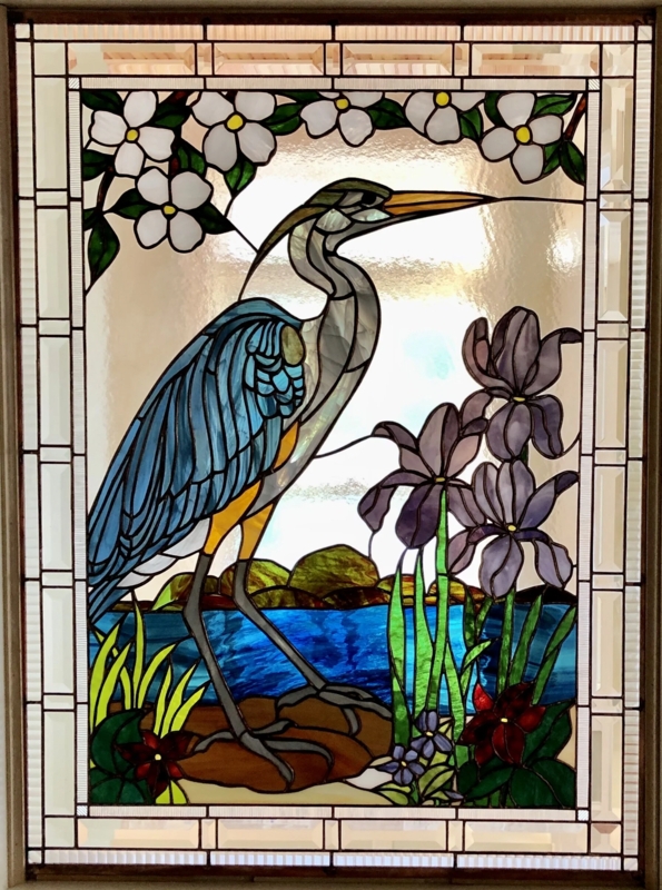 Stained Glass Window Heron Motif with Iris and Beveled Border