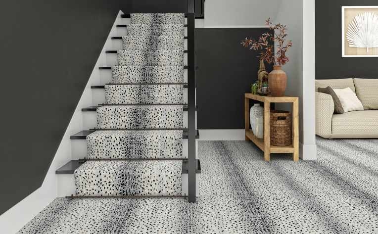 Stair Carpet Runner, Leopard Pattern Animal Print with Dark Metal Rods