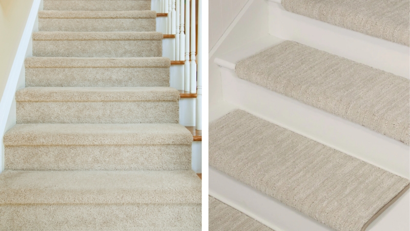 Stair Carpet, Warm Beige Ribbed Texture Individual Treads vs Runner