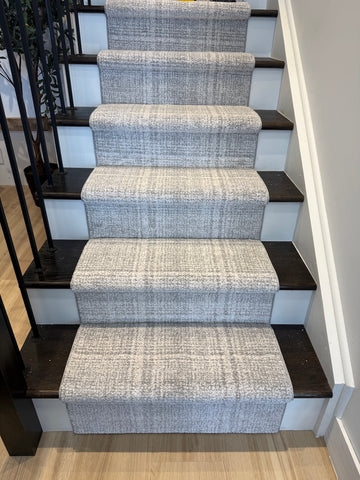 Stair Runner, Cool Gray Grid Pattern Waterfall Edge Modern Farmhouse