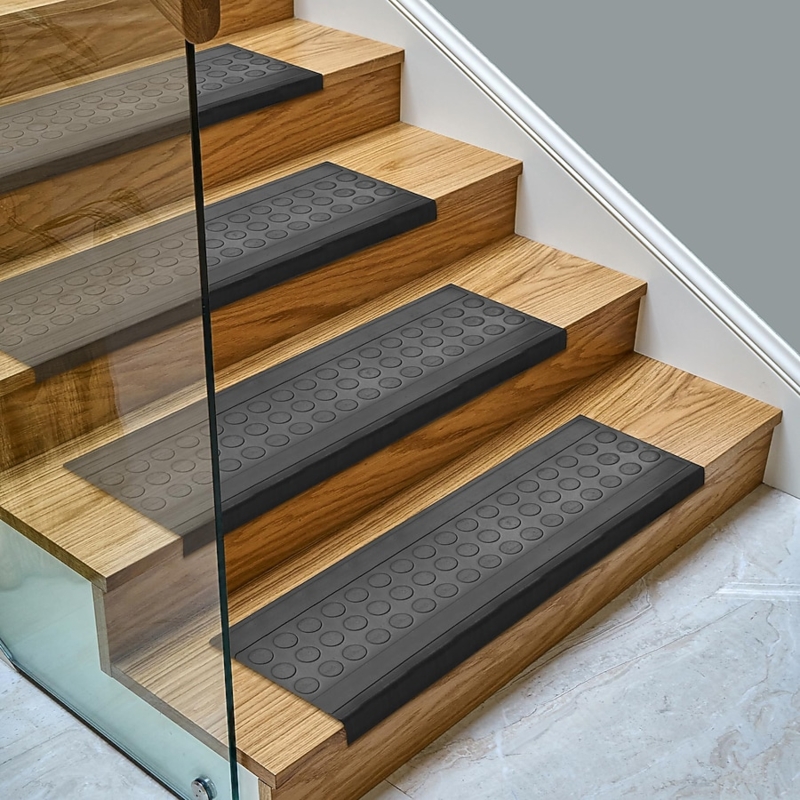 Stair Tread, Matte Black Rubber Coin Pattern Bullnose Edge Mats