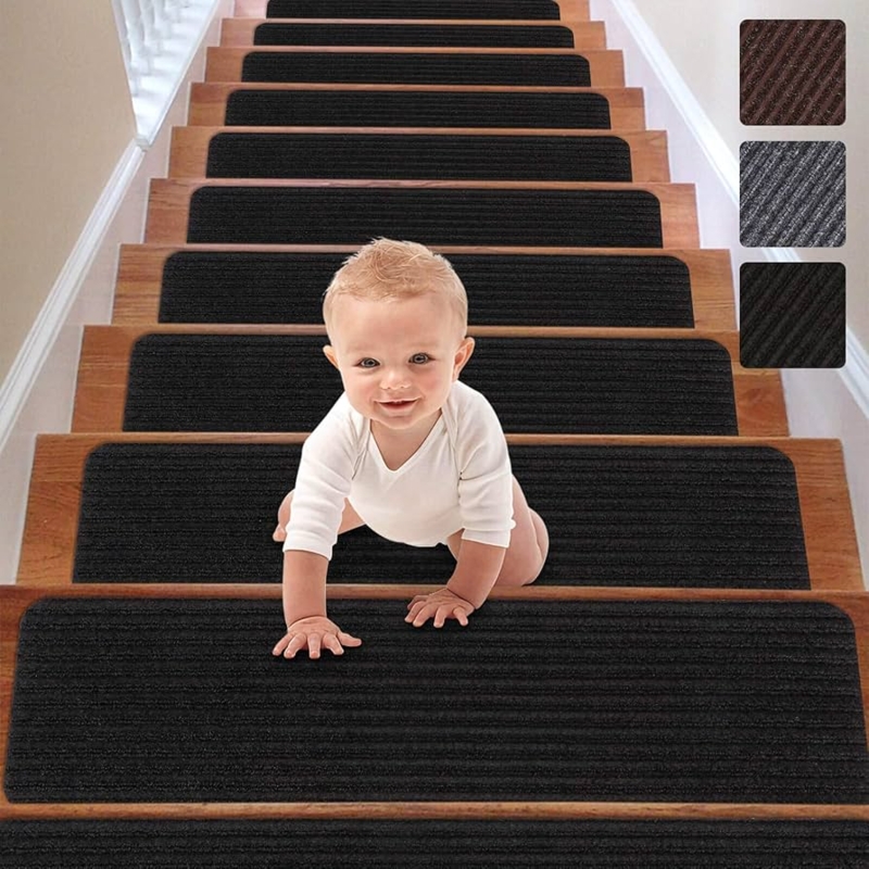 Stair Treads, Charcoal Black Ribbed Texture Rounded Corners Non-Slip