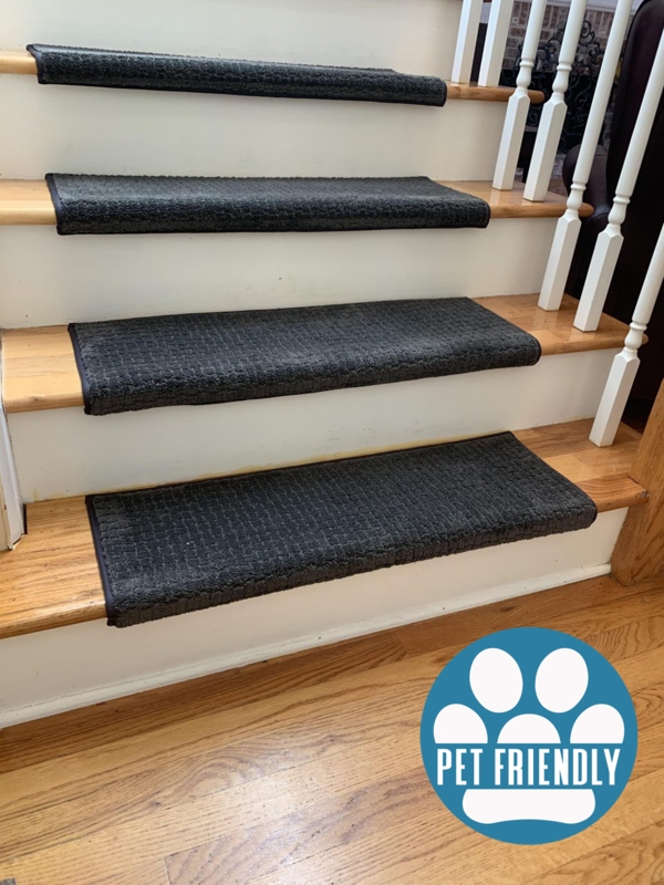 Stair Treads, Charcoal Grey Padded Textured Weave Bullnose, Pet Friendly