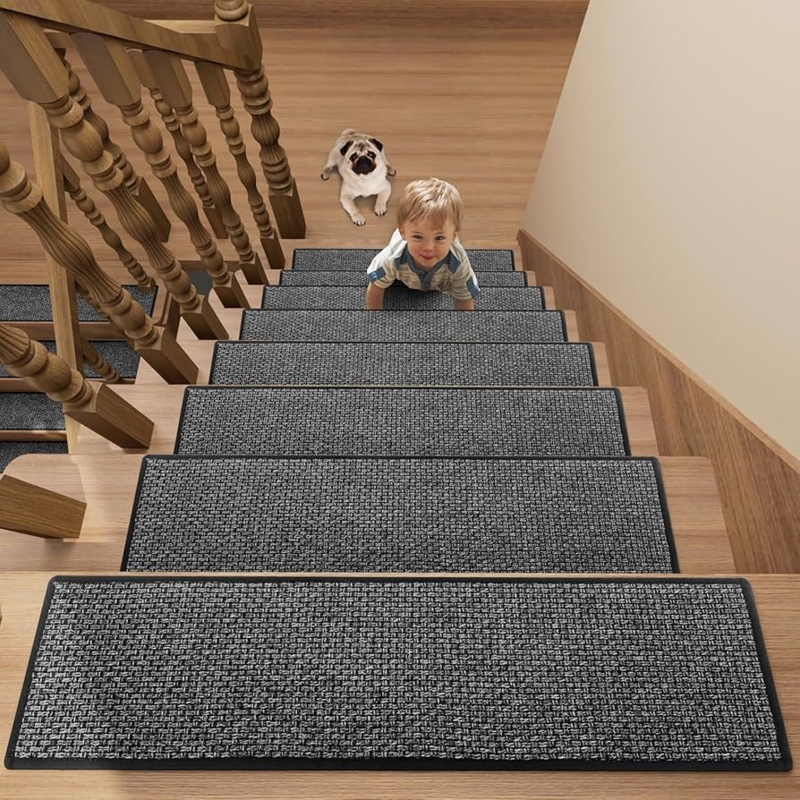 Stair Treads, Charcoal Salt and Pepper Weave Non-Slip Rubber Backing