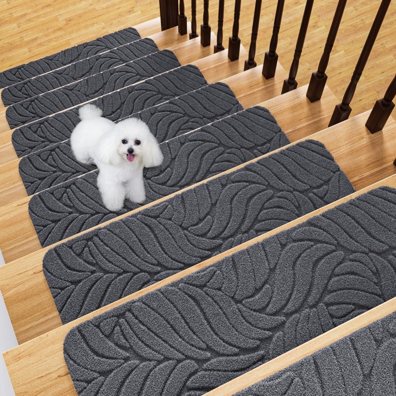 Stair Treads, Embossed Leaf Pattern Charcoal Grey Non-Slip Runners