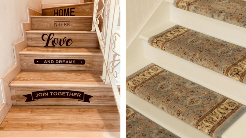 Stair Treads, Oriental Pattern Individual Rugs with Typographic Riser Art