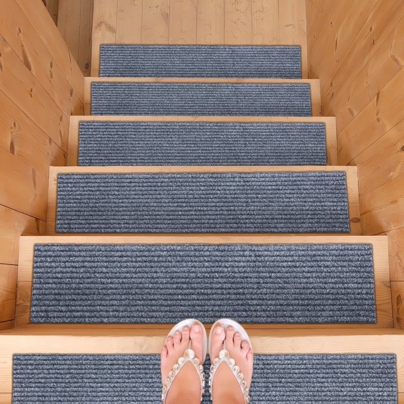 Stair Treads, Slate Gray Ribbed Texture Machine Washable Non-Slip