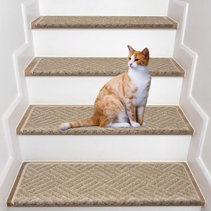 Stair Treads, Warm Beige Geometric Lattice Pattern Bullnose Edge