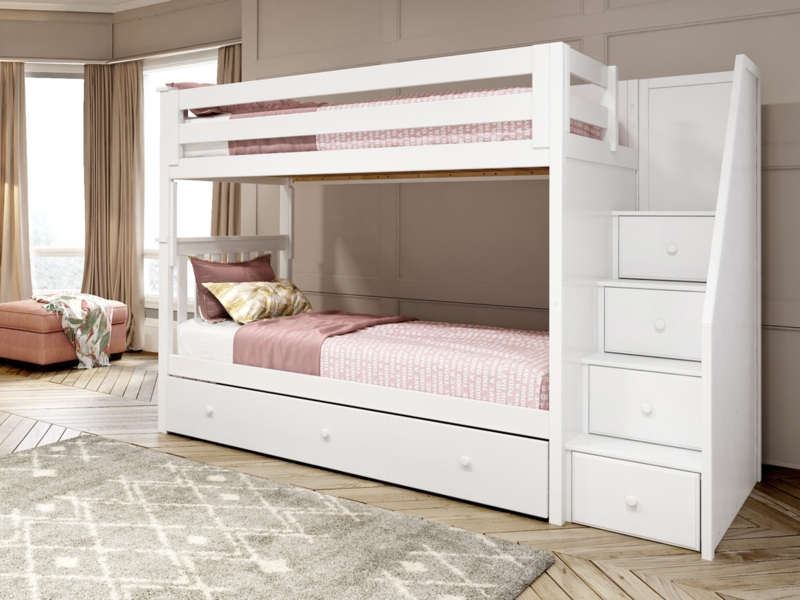 Staircase Bunk Bed with Pull-Out Trundle Drawer in White